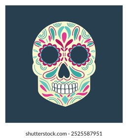 Beautiful decorated skull with rose in turquoise blue and pink colors as a The day of dead or dia de los muertos. Hand drawn vector flat colored illustration. Mexican traditional holiday