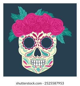 Beautiful decorated skull with roses wreath in turquoise blue and pink colors as a The day of dead or dia de los muertos. Hand drawn vector flat colored illustration. Mexican traditional holiday