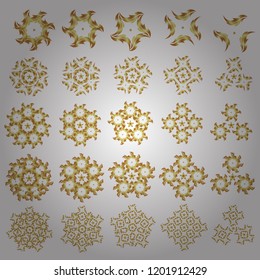 Beautiful decoration 25 isolated vector snowflakes in golden colors. Isolated snowflakes set on a white background. Symbol of winter.