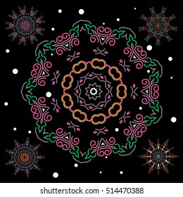 Beautiful decoration 5 isolated vector snowflakes in green and pink colors. Isolated watercolor snowflakes set on a black background. Symbol of winter.
