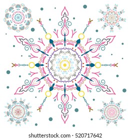 Beautiful decoration 5 isolated vector snowflakes in blue and pink colors. Isolated watercolor snowflakes set on a white background. Symbol of winter.