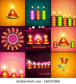 Beautiful decoration Happy Diwali diya shiny festival crackers collection background vector