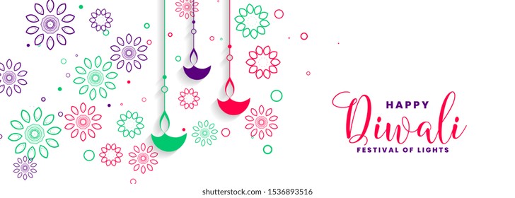 Beautiful Decoration For Happy Diwali White Banner