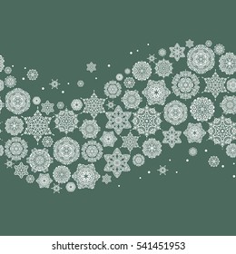 Beautiful decoration. Isolated watercolor snowflakes on green background. Symbol of winter. Hand-drawn vector illustration of isolated stylized snowflakes.
