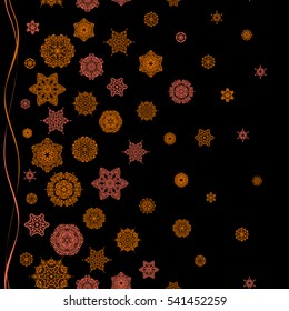 Beautiful decoration. Isolated watercolor snowflakes on black background. Symbol of winter. Vector illustration with orange isolated snowflakes.