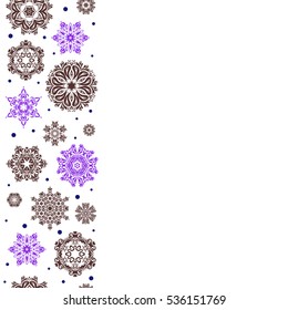 Beautiful decoration with place for your text. Vertical isolated watercolor snowflakes on white background. Symbol of winter. Vector illustration with violet, brown and blue isolated snowflakes.