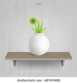 Beautiful decoration plant in flower pot on wooden shelf and vintage concrete wall background. Idea for interior design and decoration. Vector natural object for install in working space area.