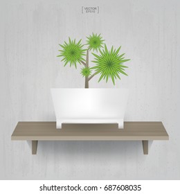 Beautiful decoration plant in flower pot on wooden shelf and vintage concrete wall background. Idea for interior design and decoration. Vector natural object for install in working space area.