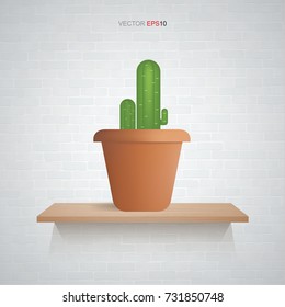 Beautiful decoration plant in flower pot on wood shelf with white brick wall background. Vector natural object for interior design and decoration. 