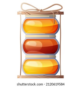 Beautiful decoration of small jars of honey with a rope with wooden boards. Isolated illustration