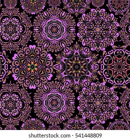 Beautiful decoration. Symbol of winter. Vector illustration with pink, magenta and violet isolated snowflakes. Isolated watercolor snowflakes on black background.