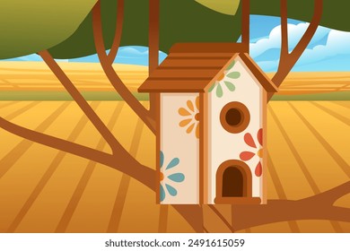 Hermosa pajarera decorativa con patrones intrincados y un Grande agujero de entrada. Casa de pájaro está montado en una rama de árbol. Ilustración vectorial