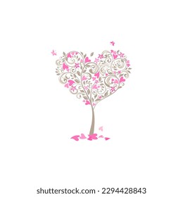 Beautiful decorative blossoming tree in heart shape and flying butterflies for Valentine’s day, wedding, birthday, baby arrival, mother’s day greeting card and invitations on white background