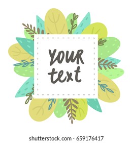 Beautiful decorative card template. Hand drawn leaves and branches. Vector illustration
