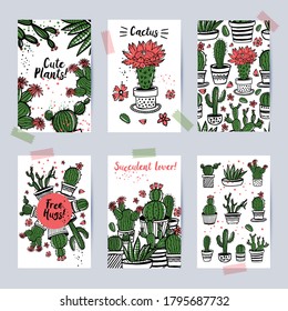 Beautiful decorative cards with cactuses and succulents, vector cards temolates perfect for invitations, celebrations, stationary, seamless decorative pattern.