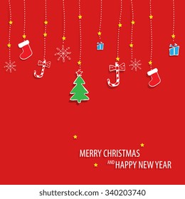 Beautiful decorative christmas pattern. Christmas paper card with hanging toy. Vector illustration. Abstract vector background. Vector illustration.