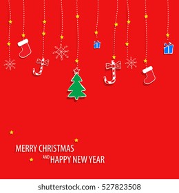 Beautiful decorative christmas pattern. Christmas paper card with hanging toy. Vector illustration. Abstract vector background. Vector illustration.