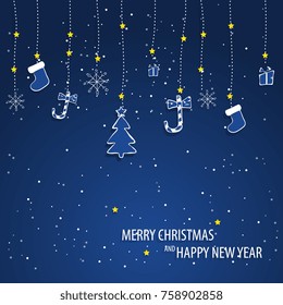 Beautiful decorative christmas pattern. Christmas paper card with hanging toy. Christmas Eve. Abstract vector background. Vector illustration.