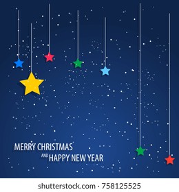 Beautiful decorative christmas pattern with snowfall. Christmas paper card with hanging toy. Christmas Eve. Abstract vector background. Vector illustration.
