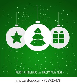 Beautiful decorative christmas pattern with snowfall. Christmas paper card with hanging toy. Christmas Eve. Abstract vector background. Vector illustration.
