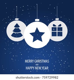 Beautiful decorative christmas pattern with snowfall. Christmas paper card with hanging toy. Christmas Eve. Abstract vector background. Vector illustration.