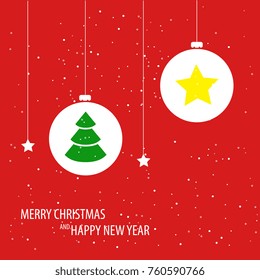 Beautiful decorative christmas pattern with snowfall . Christmas paper card with hanging toy. Vector illustration. Abstract vector background. Vector illustration.