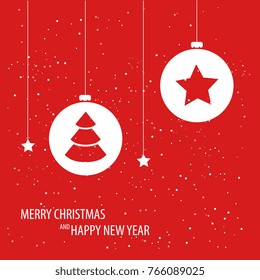 Beautiful decorative christmas pattern with snowfall . Christmas paper card with hanging toy. Vector illustration. Abstract vector background. Vector illustration.

