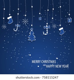 Beautiful decorative christmas patternwith snowfall. Christmas paper card with hanging toy. Christmas Eve. Abstract vector background. Vector illustration.