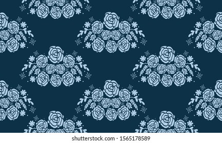 Beautiful decorative christmas seamless pattern, flower and leaves color light blue.