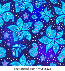 Beautiful decorative christmas seamless pattern. Vector frosty flowers and leaves on the dark. New Year. Christmas mood. Print, poster, textile.