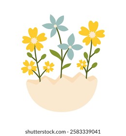 Beautiful Decorative Composition of Blooming Flowers Growing from Cracked Eggshell. Symbolizing Easter, Spring, and the Renewal of Life