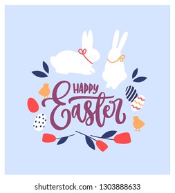 Beautiful decorative composition with Happy Easter wish handwritten with elegant calligraphic font surrounded by chicks, bunnies, eggs, flowers. Flat cartoon vector illustration for religious holiday.