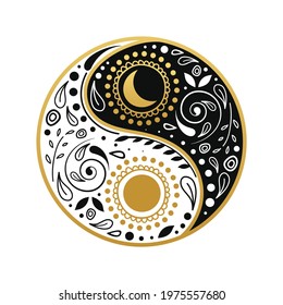 Beautiful Decorative Doodle Yin Yang Symbol. Hand Drawn White And Black Round Or Circular Pattern Vector Illustration. Zentangle.