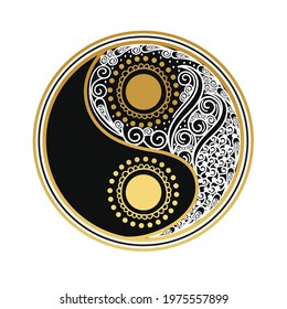 Beautiful Decorative Doodle Yin Yang Symbol. Hand Drawn White And Black Round Or Circular Pattern Vector Illustration. Zentangle.