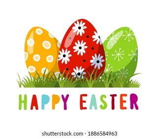 Hermosos huevos decorativos de Pascua en el césped. Tarjeta de saludo para vacaciones, pegatinas, diseño de diseño. Feliz Pascua. Ilustración vectorial plana moderna