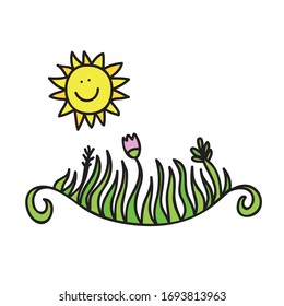 Beautiful decorative element. Cute cartoon sun grass and flowers. Vector illustration