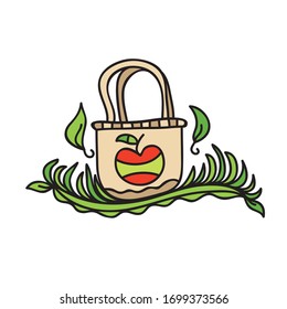 Beautiful decorative element. Eco bag with apple. Vector illustration