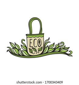 Beautiful decorative element. Eco bag and green leaves. Vector illustration