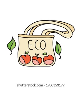 Beautiful decorative element. Eco bag with apples. Vector illustration