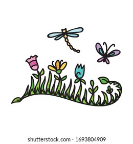 Beautiful decorative element. Grass butterfly and dragonfly. Vector illustration