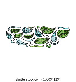 Beautiful decorative element. Green. Vector illustration leaves and water drops