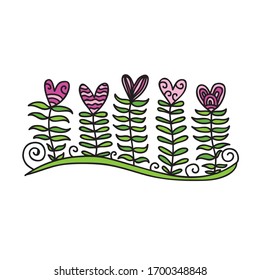 Beautiful decorative element. Romantic pattern of hearts flowers. Vector illustration