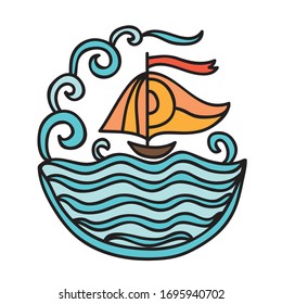 Beautiful decorative element. Sea and ship. Vector illustration