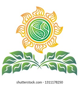Beautiful decorative element of sun and green leaves. Vector illustration