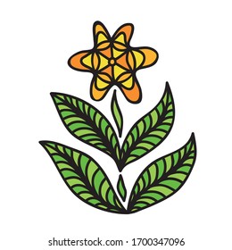 Beautiful decorative element. Sun and green leaves. Vector illustration