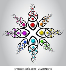 Beautiful decorative element with twisted shapes and blots. Colors of rainbow. Elements tattoo pattern. Vector art.