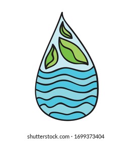 Bonito elemento decorativo. Caída de agua y hojas verdes. Ilustración del vector