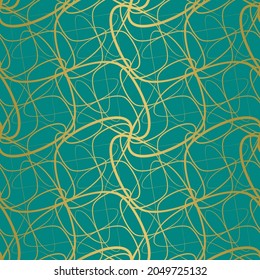 Beautiful decorative fancy doodle seamless pattern. Abstract gold swirling linear texture on dark turquoise background. Vector illustration for wallpaper, wrapping paper and fashion fabric.