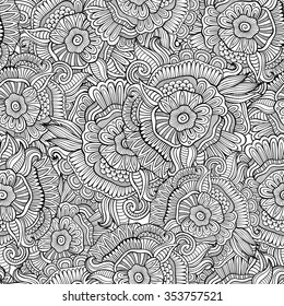 Beautiful decorative floral ethnic ornamental sketchy seamless pattern. Can be used for wallpaper, pattern fills, web page background, surface textures, coloring.