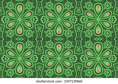 Beautiful decorative floral seamless pattern with pink flowers on the green abstract background